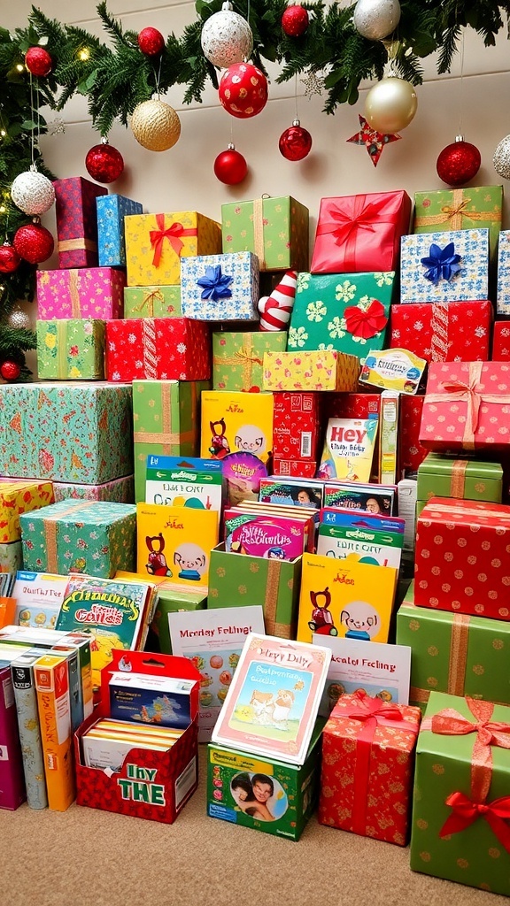 A collection of Christmas gifts for a 12-year-old girl, featuring toys, books, and art supplies in a festive setting.